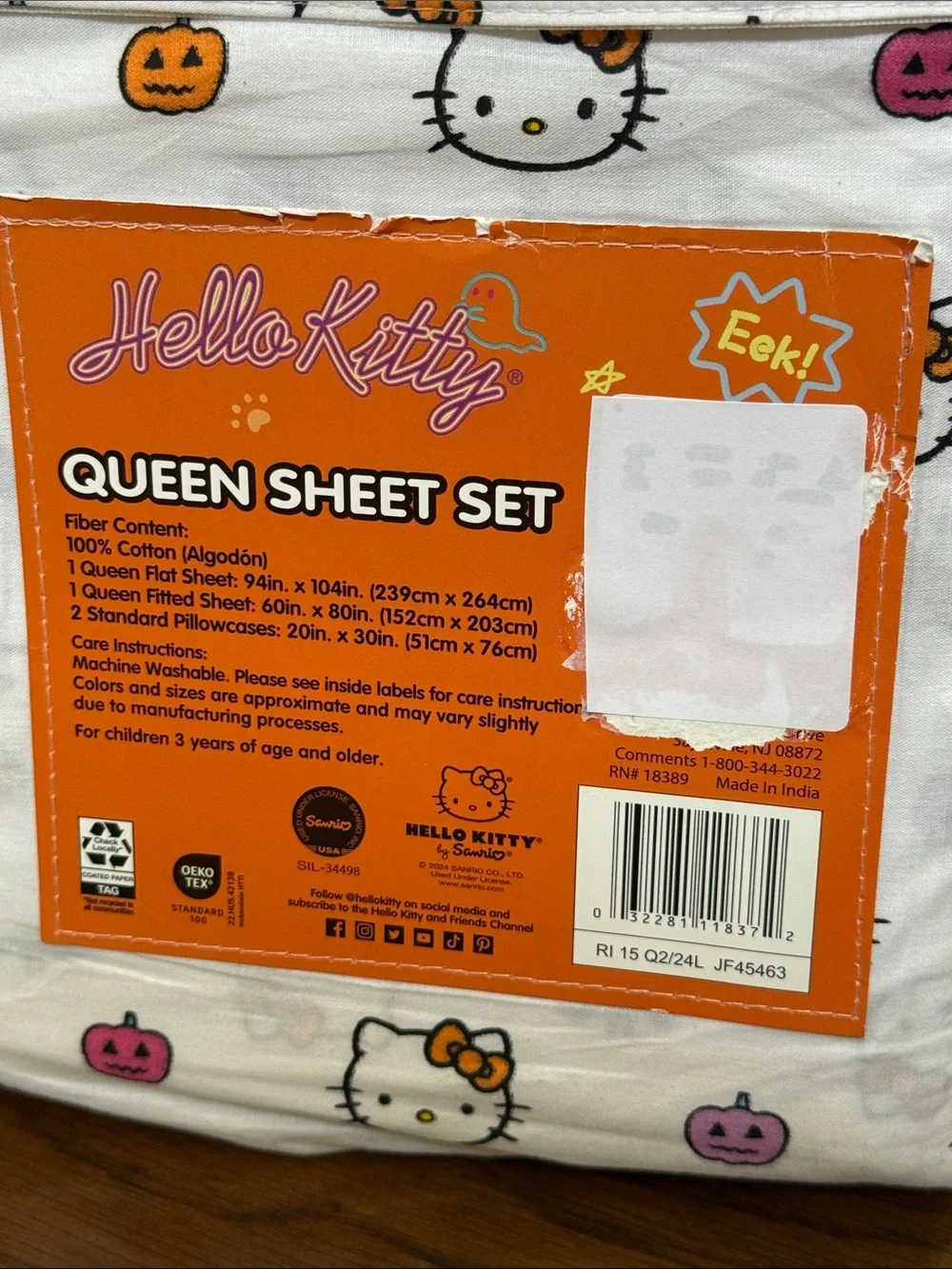Hello Kitty Halloween Queen Sheet Set – White with Orange & Pink/purple Accents.